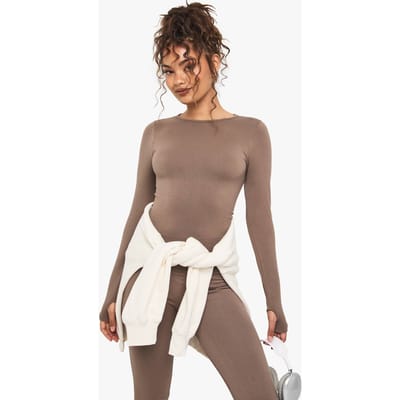 Dames Boohoo Basics Naadloze Rib Long Sleeve Top | Mocha | Maat: Large