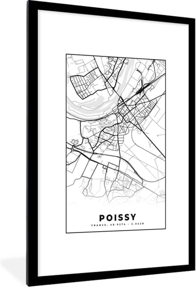 Fotolijst incl. Poster Zwart Wit- Plattegrond – Kaart – Frankrijk – Poissy - Stadskaart - Zwart wit - 80x120 cm - Posterlijst