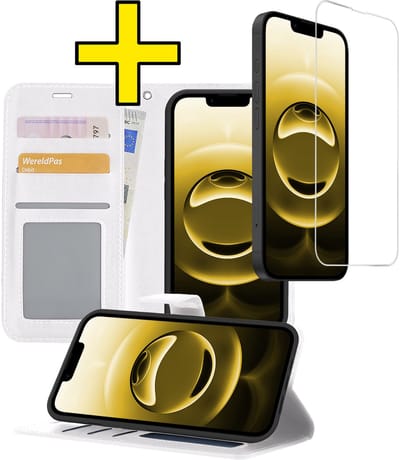 Hoesje - Met Screenprotector - Geschikt voor Apple iPhone 16e - Luxe Pasjeshouder - Bookcase Portemonee - Flip Case - Kunstleer Book Case - Flipcase - Book Cover - Walletcase - Portemonneehoes - Telefoonhoesjes - Wit