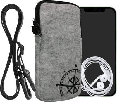 kwmobile Tasje voor smartphones XXL - 7" - Hoesje van vilt in zwart / lichtgrijs - Phone case met nekkoord - Vintage Kompas design