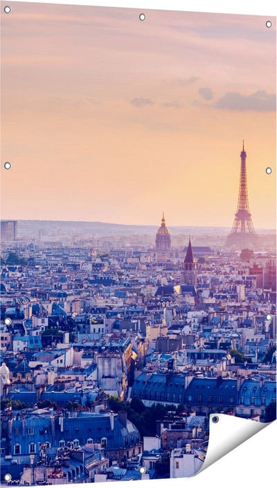 Gards Tuinposter Skyline van Parijs tijdens Zonsondergang - 80x120 cm - Tuindoek - Tuindecoratie - Wanddecoratie buiten - Tuinschilderij
