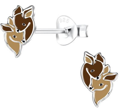 Joy|S - Zilveren hertje oorbellen - 6 x 8 mm - 2 hertjes - bruin