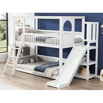 ModernLuxe Multifunctioneel stapelbed voor kinderen - met ladder en glijbaan - 2x90x200cm - massief hout - Wit