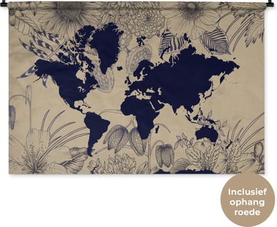 Wandkleed WereldkaartenKerst illustraties - Donkerblauwe wereldkaart op zandkleurige achtergrond versierd met illustraties van bloemen Wandkleed katoen 150x100 cm - Wandtapijt met foto