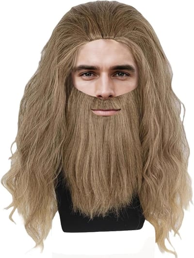 Langharige Tovenaarspruik met Baard voor Cosplay, Halloween en Carnaval - Kostuumaccessoires voor Mannen en Vrouwen (Lichtbruin)