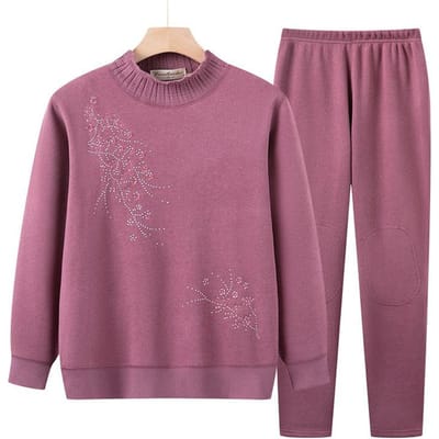 Winterkleding van oma plus fluwelen thermisch ondergoedpak voor vrouwelijke ouderen, dikke trui, herfstkleding voor moeders en lange broek, kleding voor ouderen XL pink