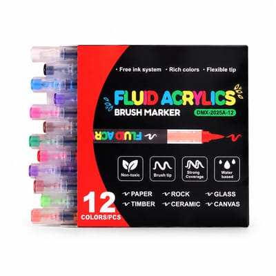 Acrylmarkers - 12 kleuren in doos - direct vloeibaar zonder indrukken - zachte punt voor laagjes en waterproof gebruik - basisverpakking