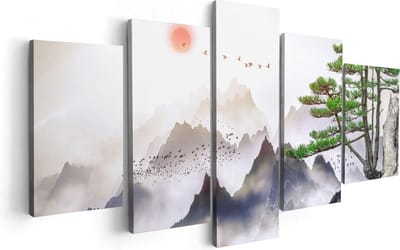 Artaza Canvas Schilderij Vijfluik Bergenlandschap Met Een Boom - Abstract - 100x50 - Foto Op Canvas - Canvas Print