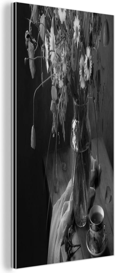 Aluminium schilderij 80x160 cm - Wanddecoratie metaal - Boeket - Bloemen - Olieverf - Stilleven - Zwart - Wit - Metalen muurdecoratie woonkamer - Decoratie industrieel - Foto op dibond - Industriële accessoires slaapkamer