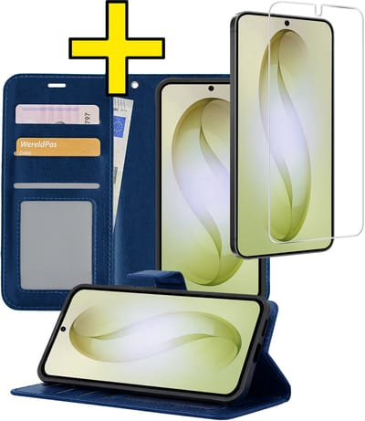 Hoesje - Met Screenprotector - Geschikt voor Samsung Galaxy S26 - Luxe Pasjeshouder - Bookcase Portemonee - Flip Case - Kunstleer Book Case - Flipcase - Book Cover - Walletcase - Portemonneehoes - Telefoonhoesjes - Donkerblauw