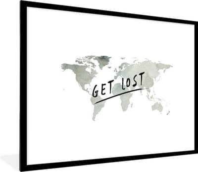 Poster in lijst - Fotolijst 80x60 cm - Posters - Wereldkaart - Grijs - Wit - Posterlijst zwart - Decoratie - Wanddecoratie woonkamer - Muurdecoratie slaapkamer
