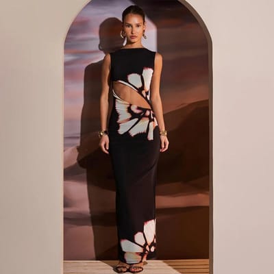 Nieuwe Retro Print Mouwloze Holle Sexy Strakke Jurk voor Vrouwen M zwart