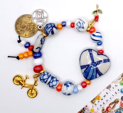 Jeannette-Creatief® - Holland - Delftsblauw Tulp - Tulpen - Fiets - Bedels - Stuiver - Dubbeltje - Geld - Bedelarmband - Kralenarmband - Armband met Bedels - Dames Armband - Armband Dames - Delftsblauwe kralen - Delftsblauwe Armband - Blauwe Armband