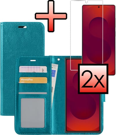 Hoesje - Met 2x Screenprotector - Geschikt voor Samsung Galaxy S25 Ultra - Luxe Pasjeshouder - Bookcase Portemonee - Flip Case - Kunstleer Book Case - Flipcase Hoes - Book Cover - Walletcase - Portemonneehoes - Turquoise