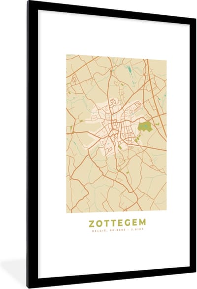 Fotolijst incl. Poster - Kaart - Retro - Plattegrond - Stadskaart - Zottegem - 80x120 cm - Posterlijst