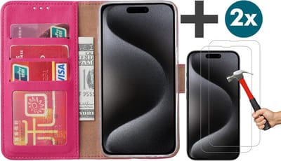 Hoesje met 2 Stuks Screenprotectors Geschikt voor iPhone 15 Pro – Arara bookcase met pasjeshouder - Roze
