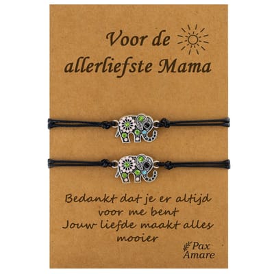 Moeder Dochter Armbandjes voor 2 "Voor de allerliefste Mama" - Olifant - BFF Armbandjes met Cadeau Kaartje - Zwart & Zilverkleurig - Elastisch Verstelbaar - Pax Amare