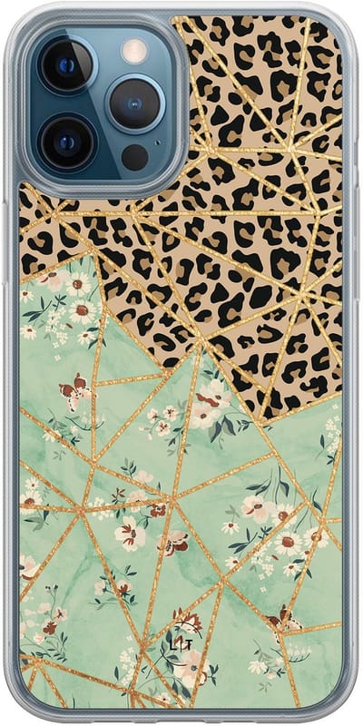 Hoesje geschikt voor iPhone 12 - Luipaard bloemen print - 2in1 backcover - Print / Illustratie - Groen - Leuke Telefoonhoesjes