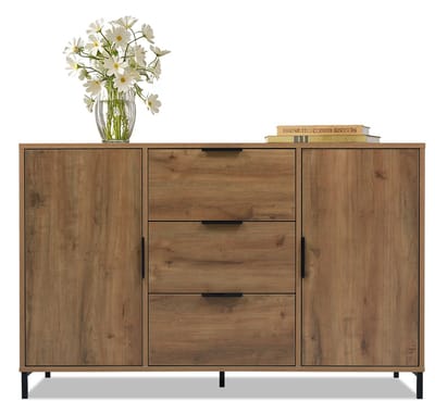 Donker eikenkleur spaanplaat ladekast twee deuren drie laden 120×40×76cm opslag woonkamer en slaapkamer
