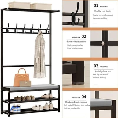 Schuhschrank mit Garderobe und Bank 2-stöckig Metall Industrie Design 80x30x170 cm verstellbar mit Haken und Ablage