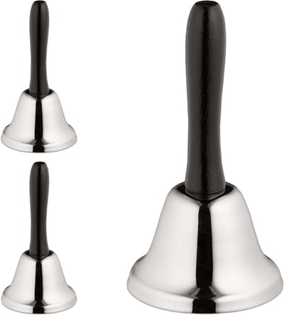 Handbel set van 3 luide klank tafelbel - vintage metaal houten greep schoolbel - H x Ø 12 x 65 cm zilver/zwart