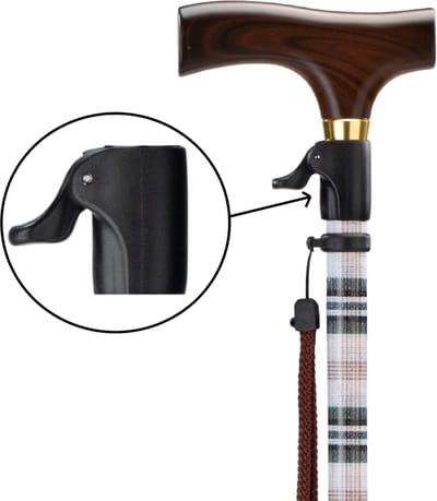MultiMotion wandelstok met unieke drukknop verstelling - Met ergonomisch comfort handvat en polsbandje - Loopstok - Traploos verstelbaar tussen 65 - 102 cm - Beige geruit
