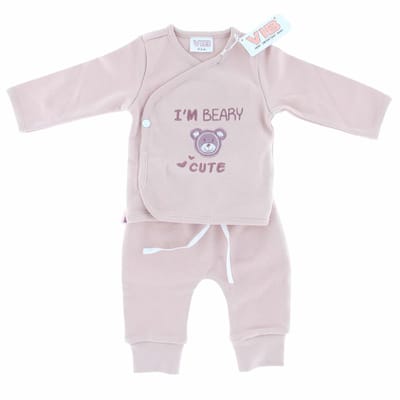 VIB® - 2-delig setje broek+T-shirt 'I'M BEARY CUTE' rose smoke (0-3 m) - Babykleertjes - Baby cadeau - zwangerschap aankondiging - geboorte cadeau