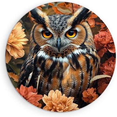 Saammp - Muurcirkel Hout Uil - bloemen - Abstract - Dieren - Natuur - Ø 90 - Wandcirkel - Wanddecoratie Cirkel - muurdecoratie Woonkamer - Slaapkamer decoratie - Rond Schilderij