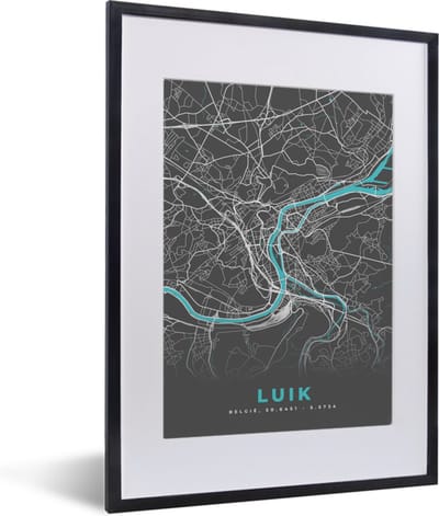 Fotolijst incl. Poster - Stadskaart – Grijs - Kaart – Luik – België – Plattegrond - 30x40 cm - Posterlijst