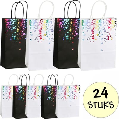24x Papieren Uitdeeltasjes Rainbow Mix - 15x8x21cm - Stevig Papier - Traktatie Zakjes - Papieren Tasjes - Cadeau Zakjes - Uitdeelzakjes - Regenboog Hart Print Mix - Kraftpapier - 24 Stuks