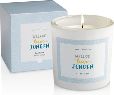 Maan Amsterdam - Geurkaars wit - Welkom lieve jongen - Universe - Geboorte kaars - Kraamcadeau - 100% vegan soja was - cadeau kaars