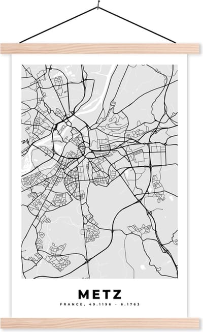 Posterhanger incl. Poster 40x60 cm - Schoolplaat - Plattegrond - Metz - Stadskaart - Kaart - Frankrijk - Textielposter - Blanke latten - Stadskaart