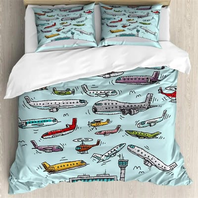 Vliegtuig Dekbedovertrek Vliegtuigen Vliegen in de Lucht Luchtvaart Luchthaven Helikopters en Jets Cartoon Stijl Kamer Decoratief voor Jongens Meisjes Cadeau 140x210cm 2pcs