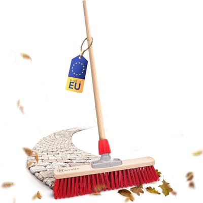 Straatbezem 40 cm I Bezem met houten steel I Elaston rood I Industriële bezem Veegbezem Tuinbezem Tuinbezem Bezem met steel buiten Halbezem Bezem Terras Buitenbezem