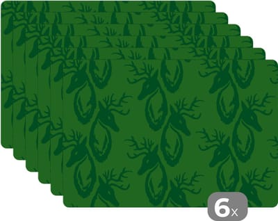 Placemat - Placemats kunststof - Patronen - Groen - Hert - 45x30 cm - 6 stuks - Hittebestendig - Anti-Slip - Onderlegger - Afneembaar