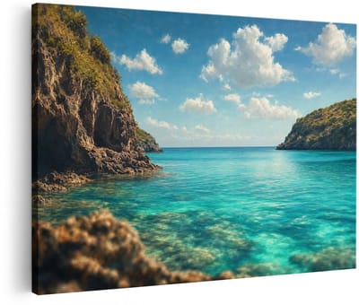 Artaza Canvas Schilderij Turquoise Zee - Rotsen - Tropisch Landschap - 60x40 cm - Wanddecoratie Woonkamer - Schilderijen - Muurdecoratie