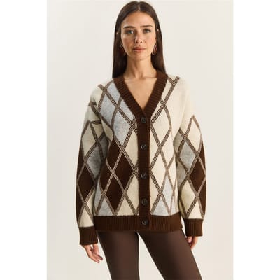 Dikke Jacquard Brei Cardigan met V-hals en Knopsluiting