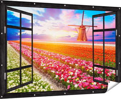 Gards Tuinposter Doorkijk Kleurrijke Bloemenveld met een Windmolen - 180x120 cm - Tuindoek - Tuindecoratie - Wanddecoratie buiten - Tuinschilderij