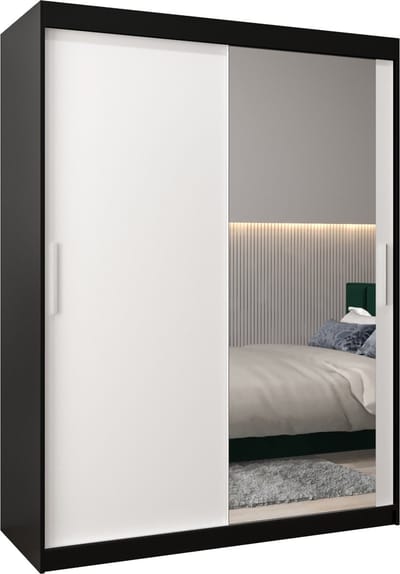 InspireMe - Kledingkast met 2 schuifdeuren, Modern-stijl, Kledingkast met planken (BxHxD): 150x200x62 - TORM II 150 Zwart Mat + Wit Mat