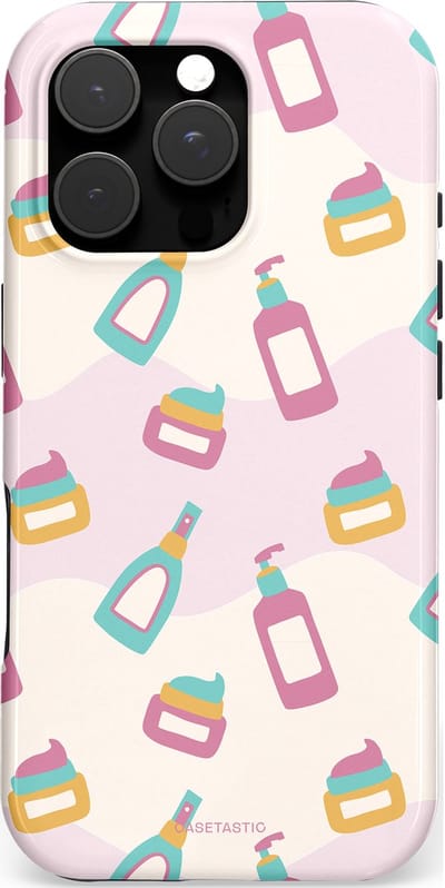 Casetastic hoesje geschikt voor Apple iPhone 16 Pro - MagSafe - Dubbellaagse bescherming - Bubbels & Borstels - Clean Girl - Makeup - Fashion Case - Wit Lichtgrijs Lichtroze