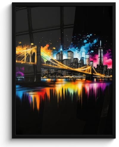 Poster in lijst - Fotolijst 50x70 cm - Posters - Skyline - Brug - Verlichting - Kleuren - Posterlijst zwart - Decoratie - Wanddecoratie woonkamer - Muurdecoratie slaapkamer