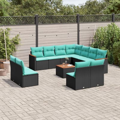 vidaXL - 12-delige - tuinbankset - met - kussens - van - zwart - polyrotan