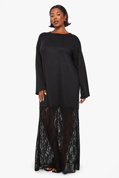 boohoo Dames plus lange mouw kanten t-shirt jurk | Zwart | Maat: 48