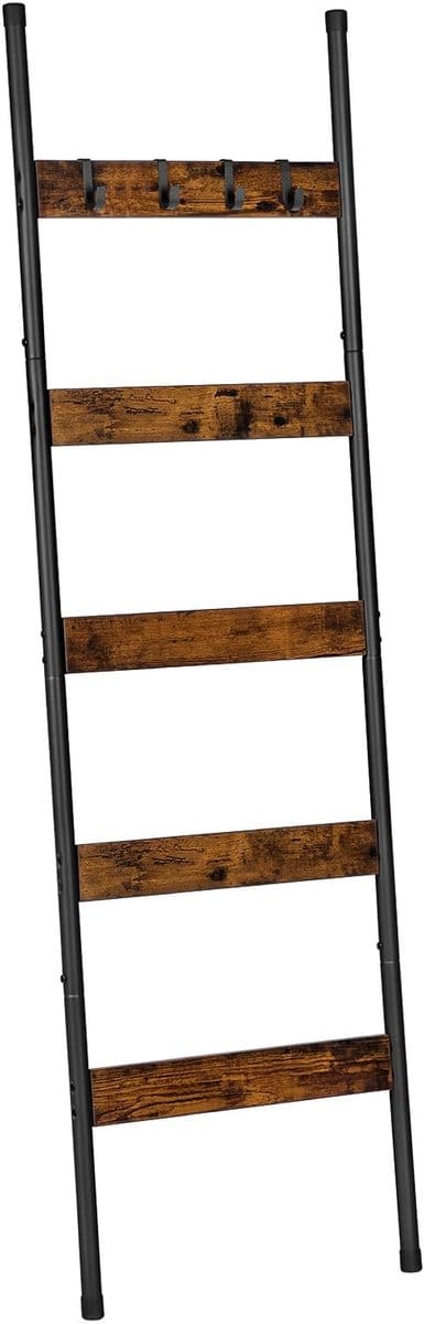 OmGoods - Dailygoody - Handdoekrek - Plafondmontage - 5-laags met 4 haken - Donkerbruin en zwart - Opbergoplossing voor dekens - Geschikt voor badkamer en slaap...