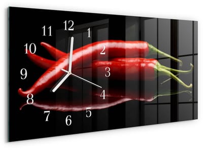 Tulup Wandklok - Chilipepers Klok Glas Met Opdruk - 60x30 cm - Zwart Moderne Wandklok Glas - Witte Handen - Rechthoekige Wandklok - Gekleurde Glazen Klok - Glazen Klok Met Print