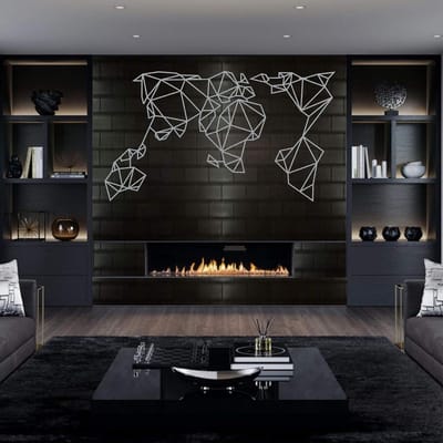 Metalen Wanddecoratie - Wereldkaart Decoratie - Woonkamer Verfraaien - Geometrisch Design - 60x33 cm - Zilvergrijs