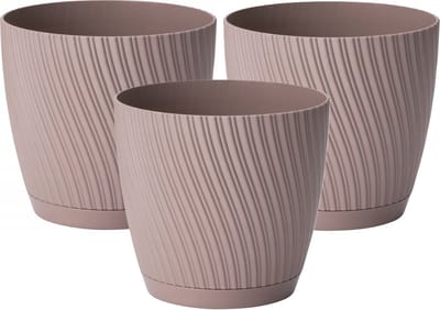 Form Plastic Plantenpot/bloempot Waves - 3x - kunststof - beige - D19 x H17 cm - met opvang schotel - rond