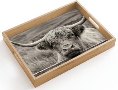 Dienblad hout 40x30 cm - Schootdienblad - Schotse hooglander - Zwart - Wit - Hout - Borrelplank rechthoek - Plateau dienbladen