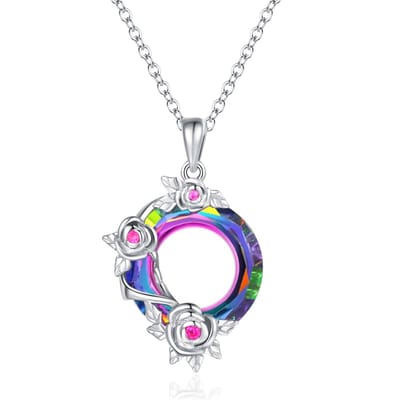 QoF Kristal Paarse en Multi Kleur met Roosjes – Ketting Lengte 45cm