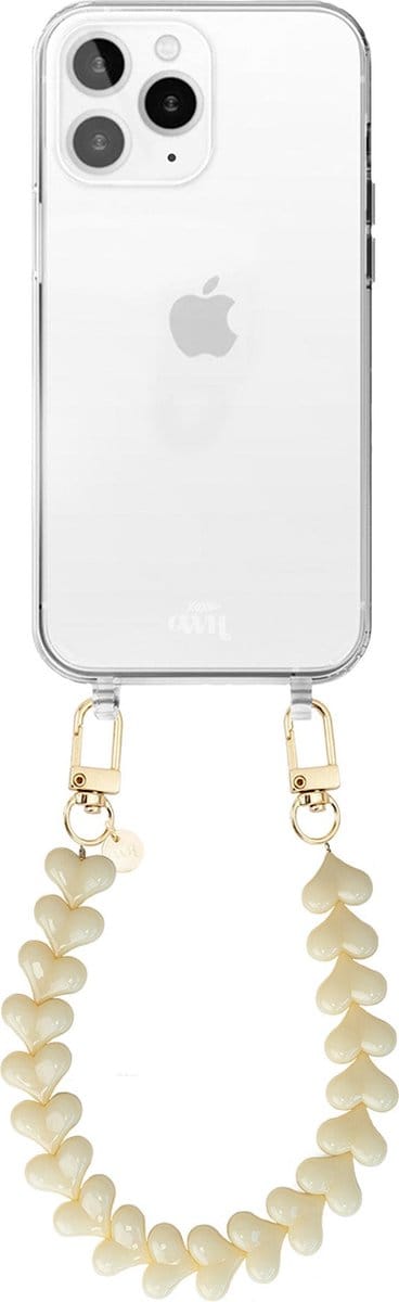 xoxo Wildhearts siliconen hoesje - Geschikt voor iPhone 12 Pro Max hoesje - Funky Hearts - Telefoonhoesje - Hoesje met koord - Creme / Beige koord - kort telefoonkoord - Hartjes ketting - Transparant hoesje